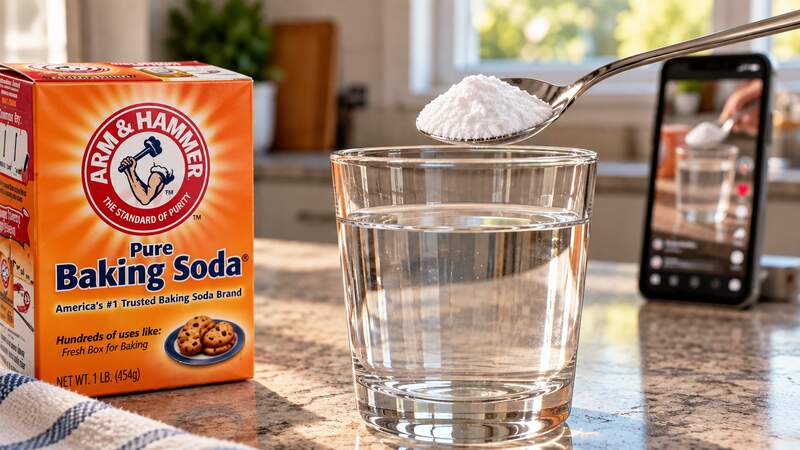 Baking soda on a spoon above a glass of water
